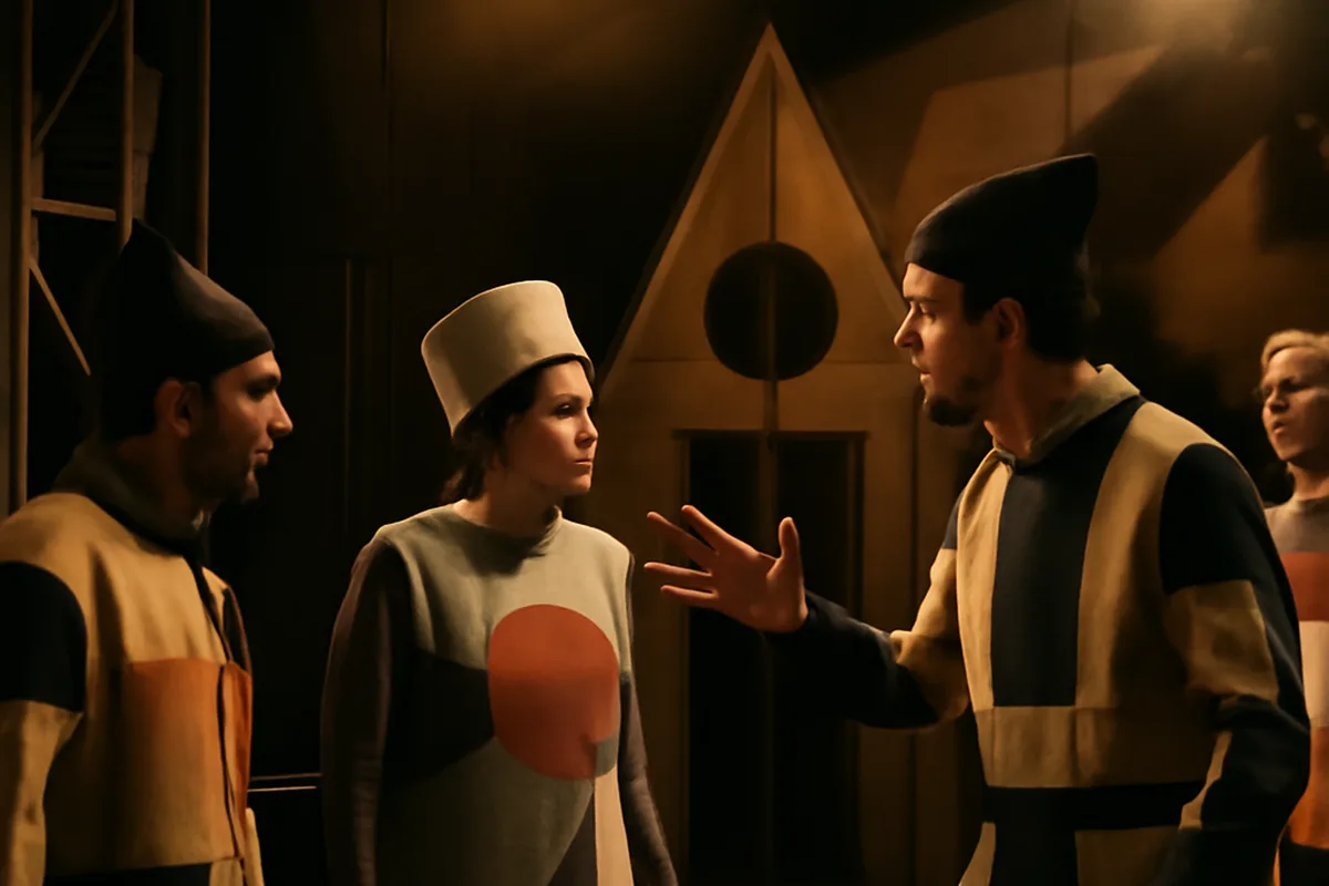 Répétition de théâtre russe stylisé avec acteurs en costumes de commedia dell'arte et décor géométrique