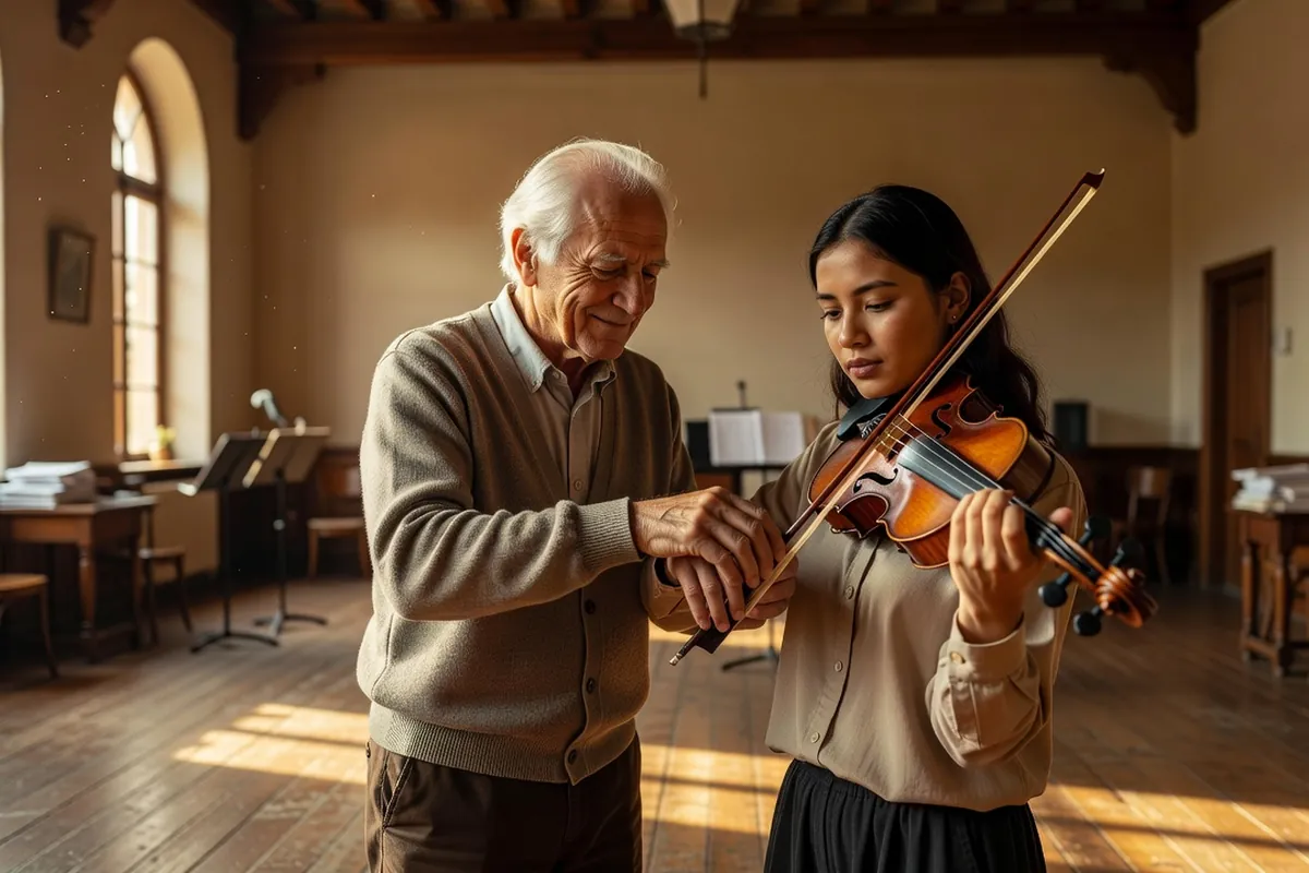 Professeur âgé corrigeant la posture d'un jeune violoniste dans une salle de conservatoire