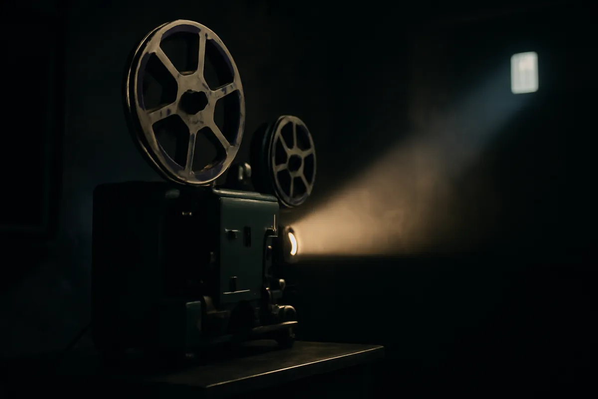 Vieux projecteur et bobines dans une cabine obscure traversée d'un faisceau de lumière