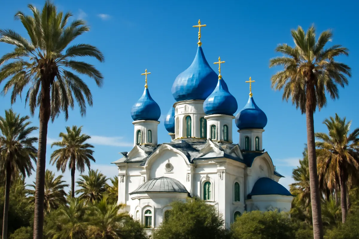 Église orthodoxe aux cinq coupoles bleues parmi des palmiers sous un ciel bleu
