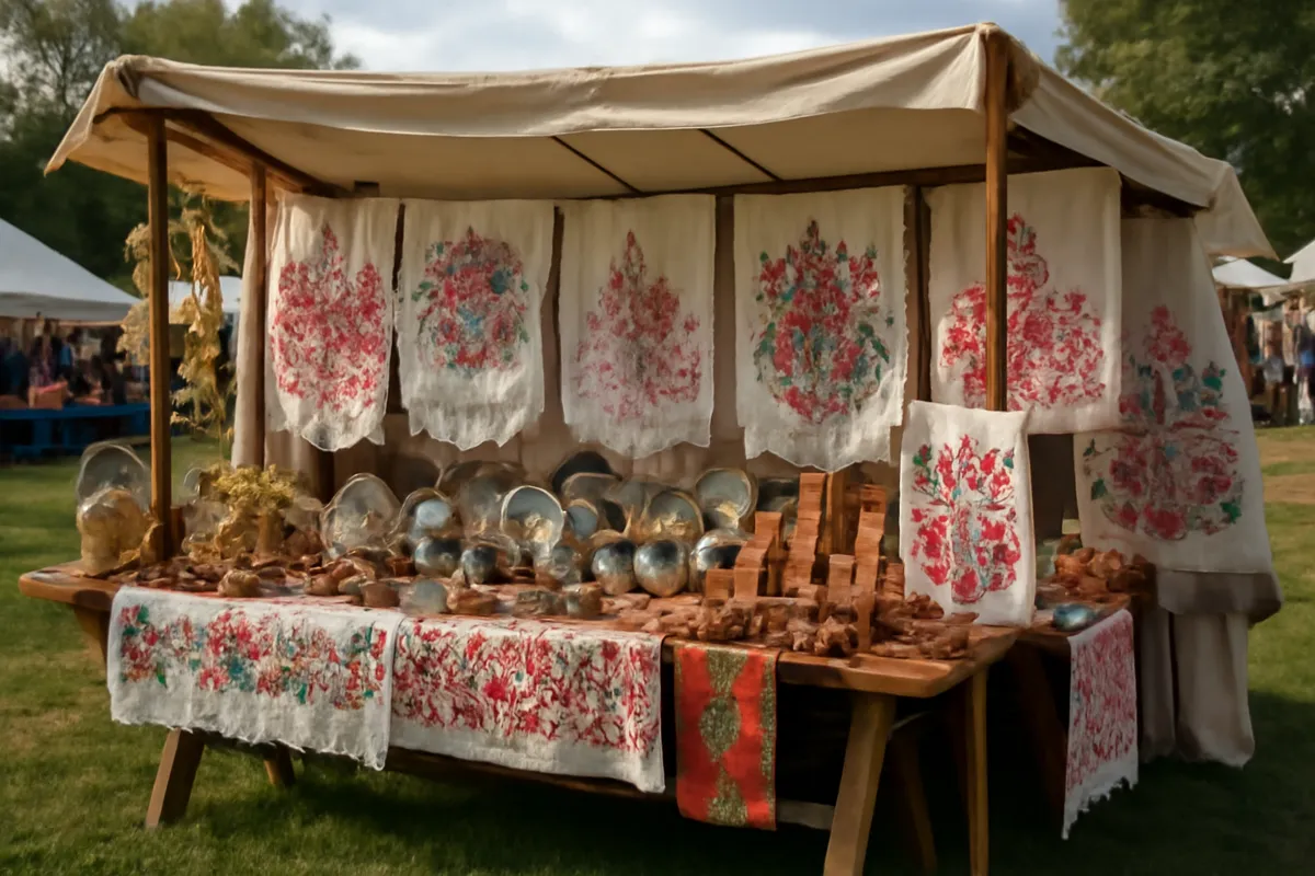 Étal de marché d'artisanat traditionnel et de tissus brodés dans une foire en plein air