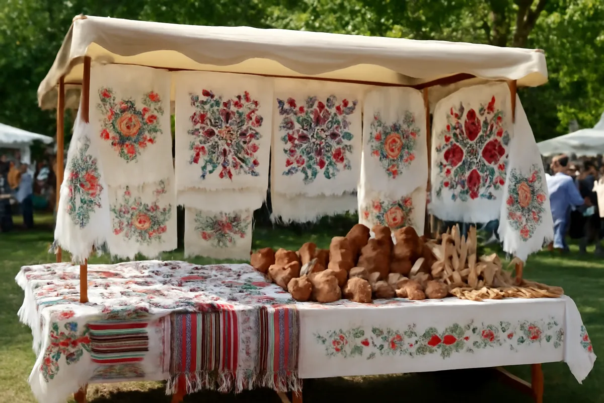 Étal de marché d'artisanat traditionnel et de tissus brodés dans une foire en plein air
