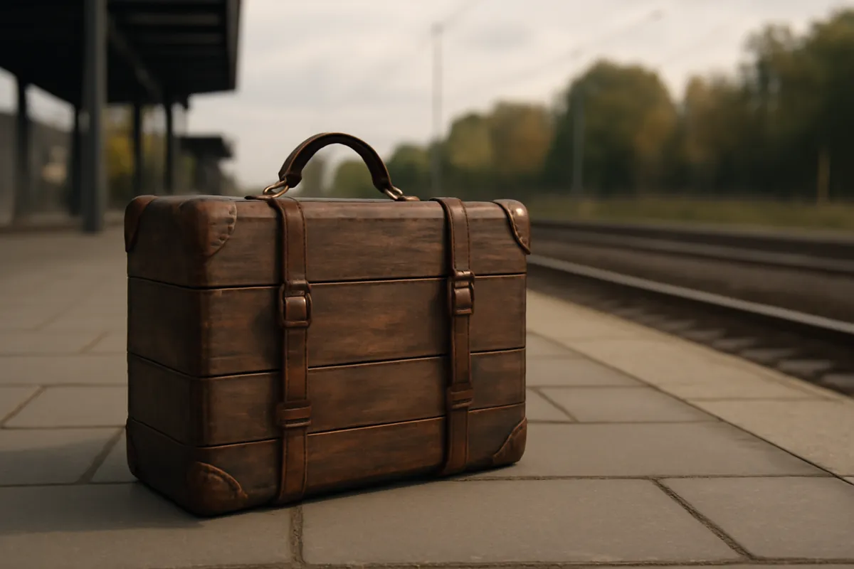Vieille valise de bois aux sangles de cuir sur un quai de gare