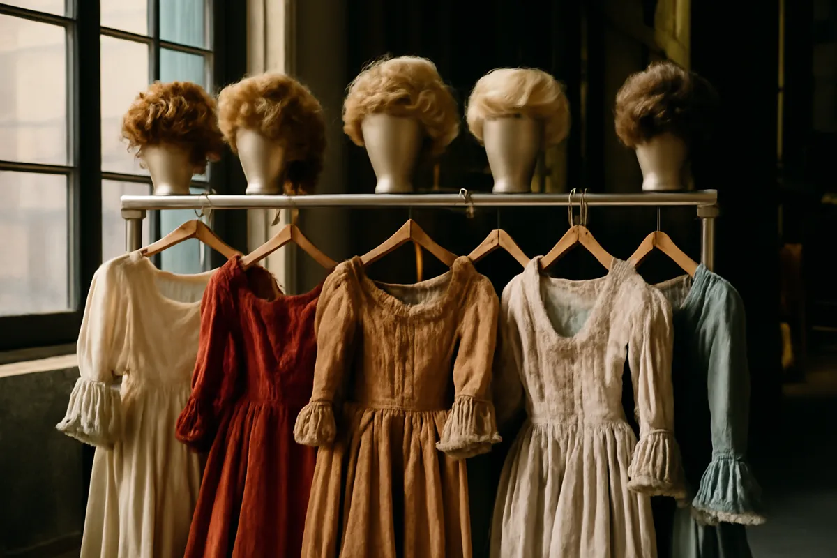Portant de costumes d'époque et perruques en coulisses