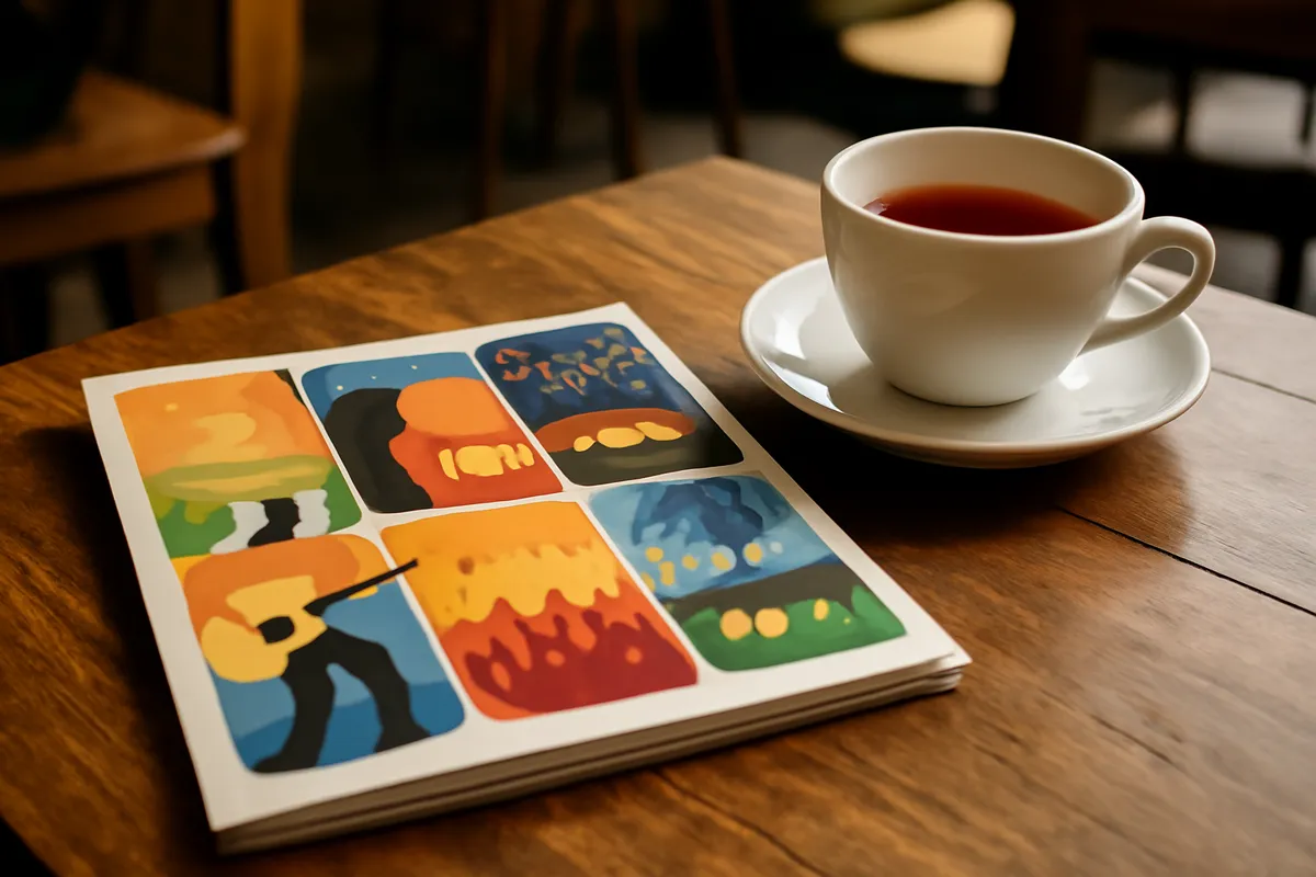 Programme de festival et tasse de thé sur une table de bois dans un café