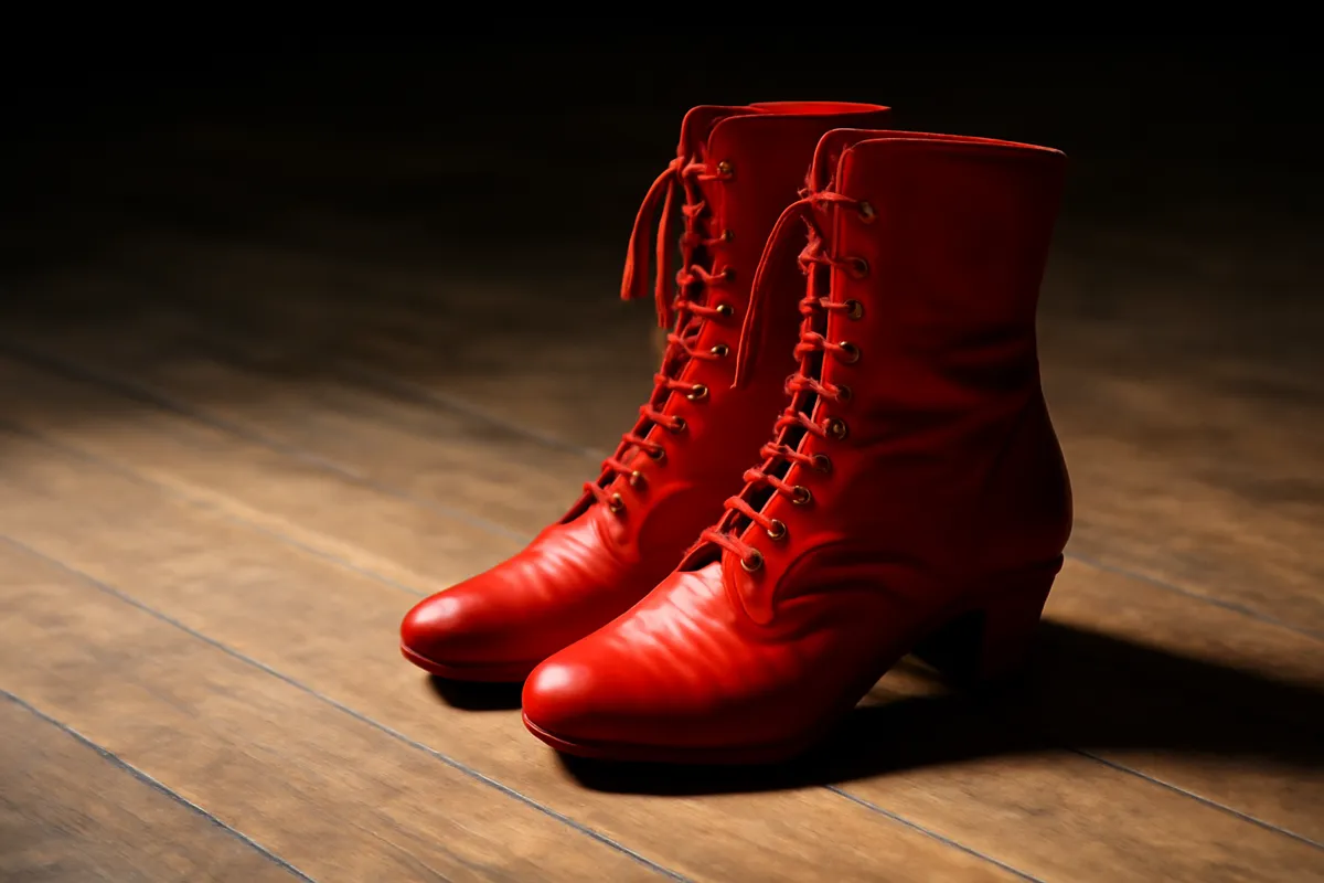 Paire de bottes de danse en cuir rouge sur le plancher d'une scène éclairée
