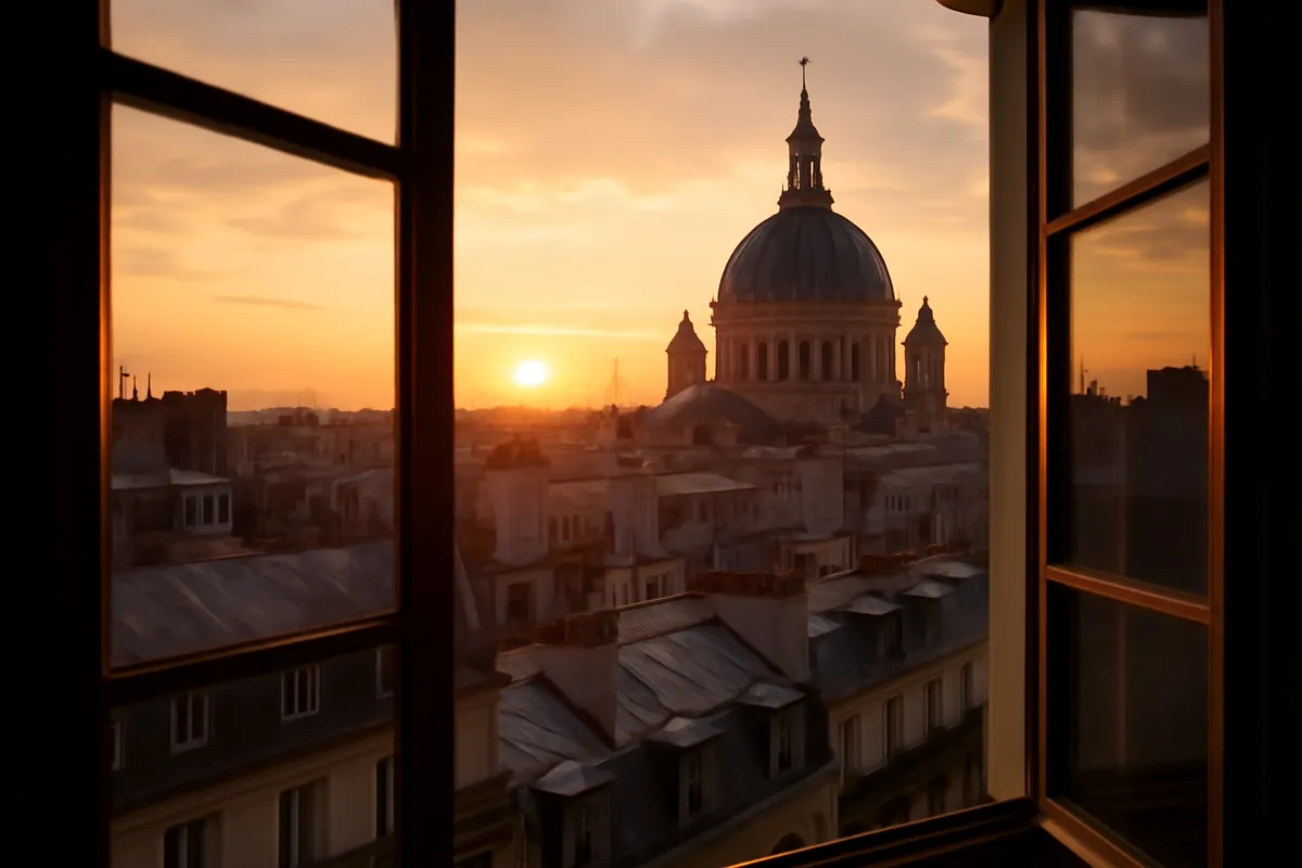Toits de Paris et dôme d'église au coucher du soleil vus d'une haute fenêtre