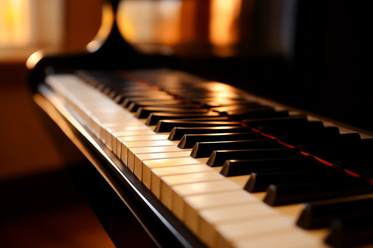 Clavier de piano en gros plan aux reflets chauds