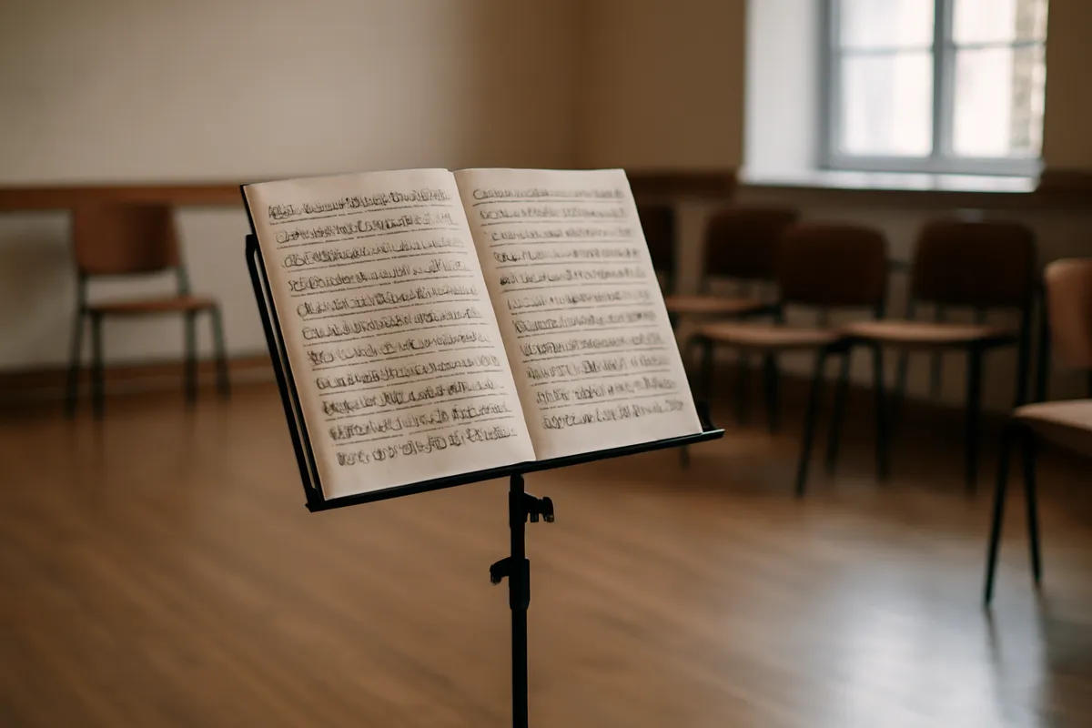 Pupitre avec partition de violon dans une salle de répétition vide