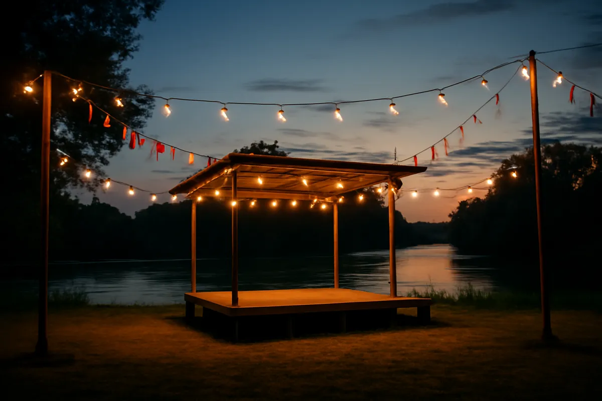 Petite scène de plein air avec guirlandes et drapeaux au crépuscule au bord d'une rivière