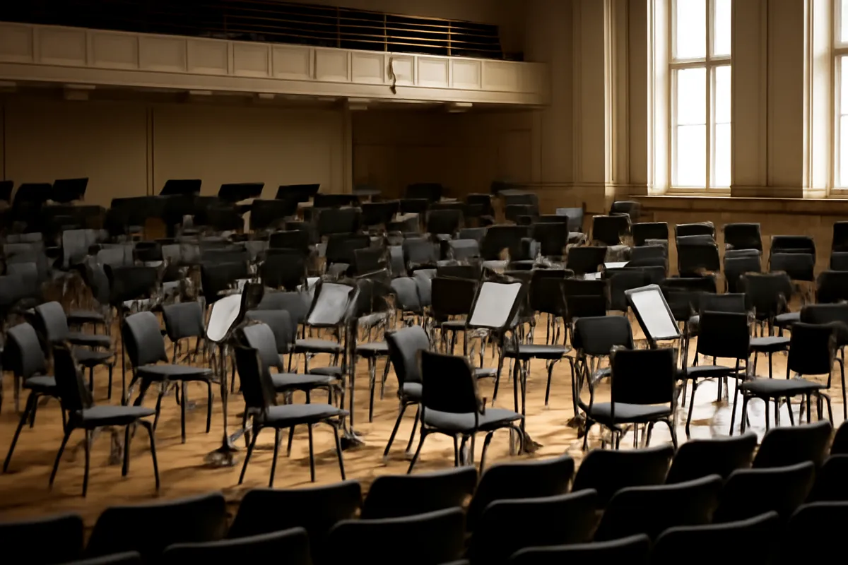 Salle de concert vide avec chaises et pupitres avant un concert
