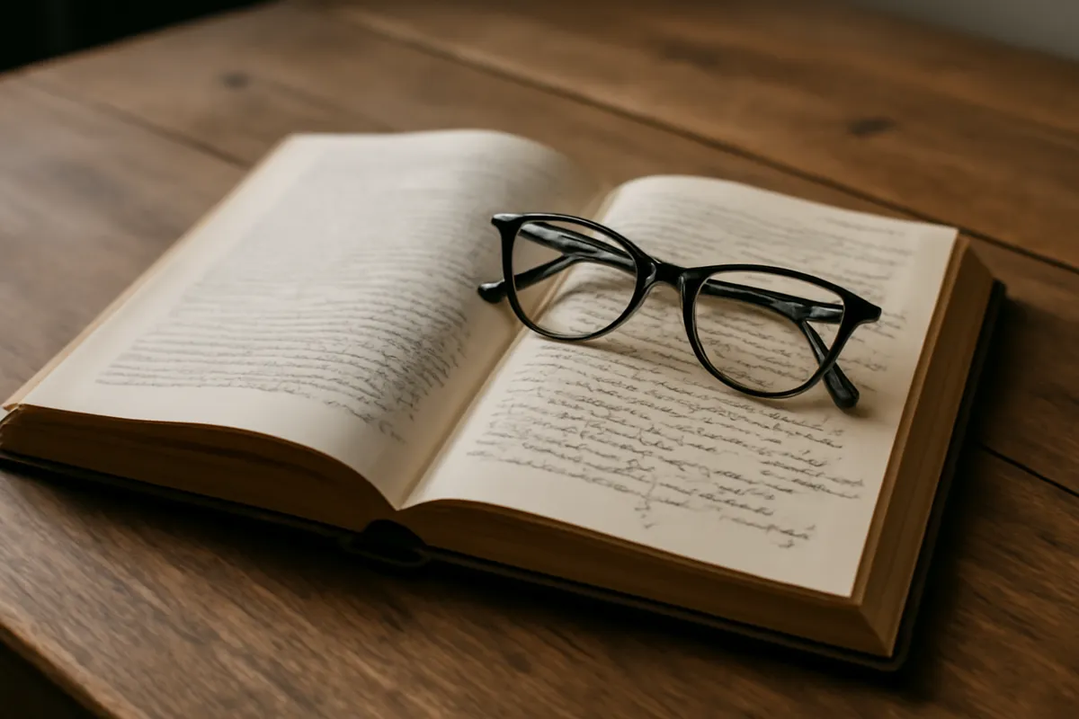 Livre ouvert aux notes manuscrites en marge et lunettes sur une table de bois