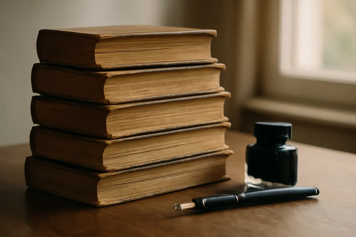 Pile de vieux livres reliés, plume et encrier sur un bureau