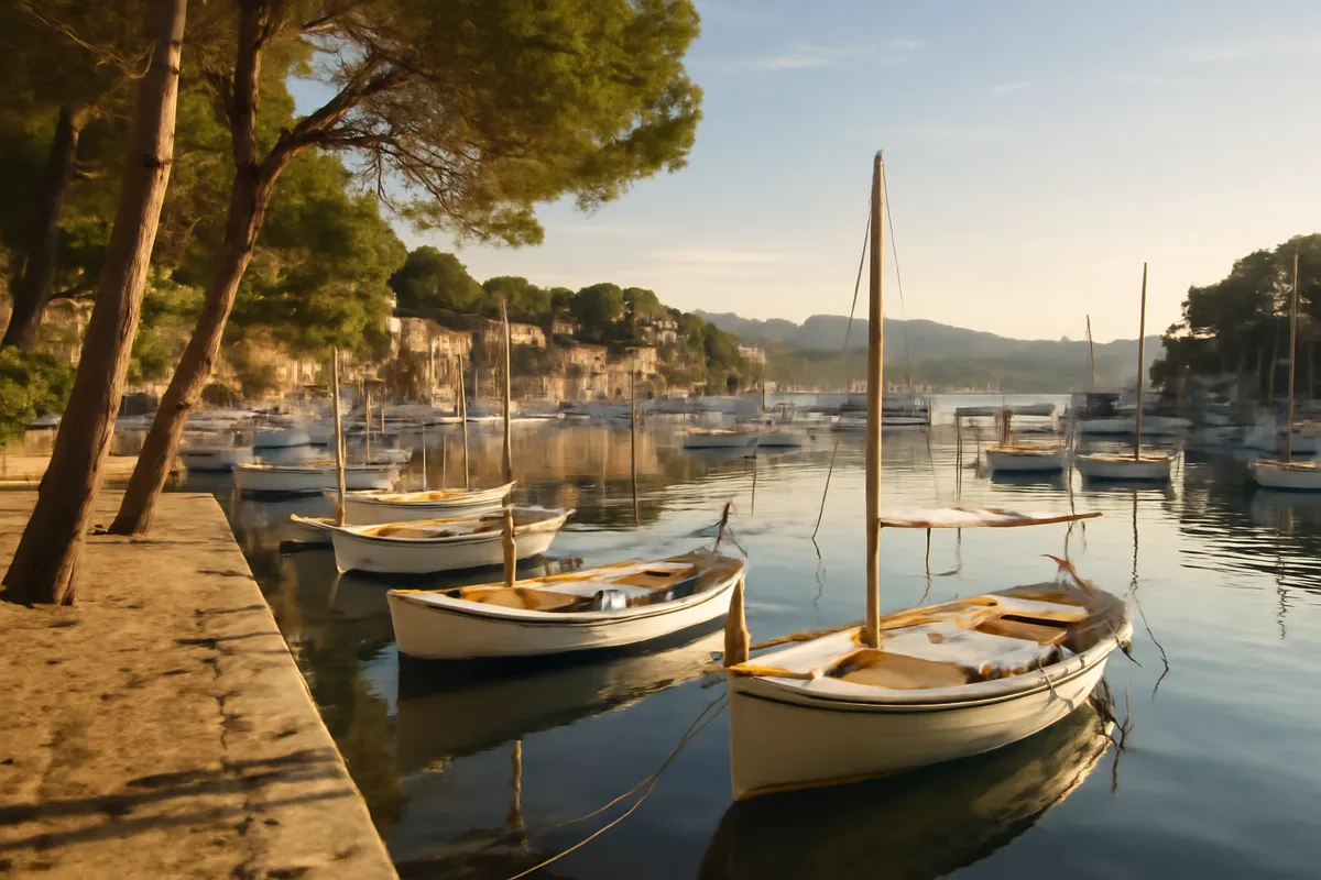 Port méditerranéen aux barques de bois et aux pins dans la lumière du matin