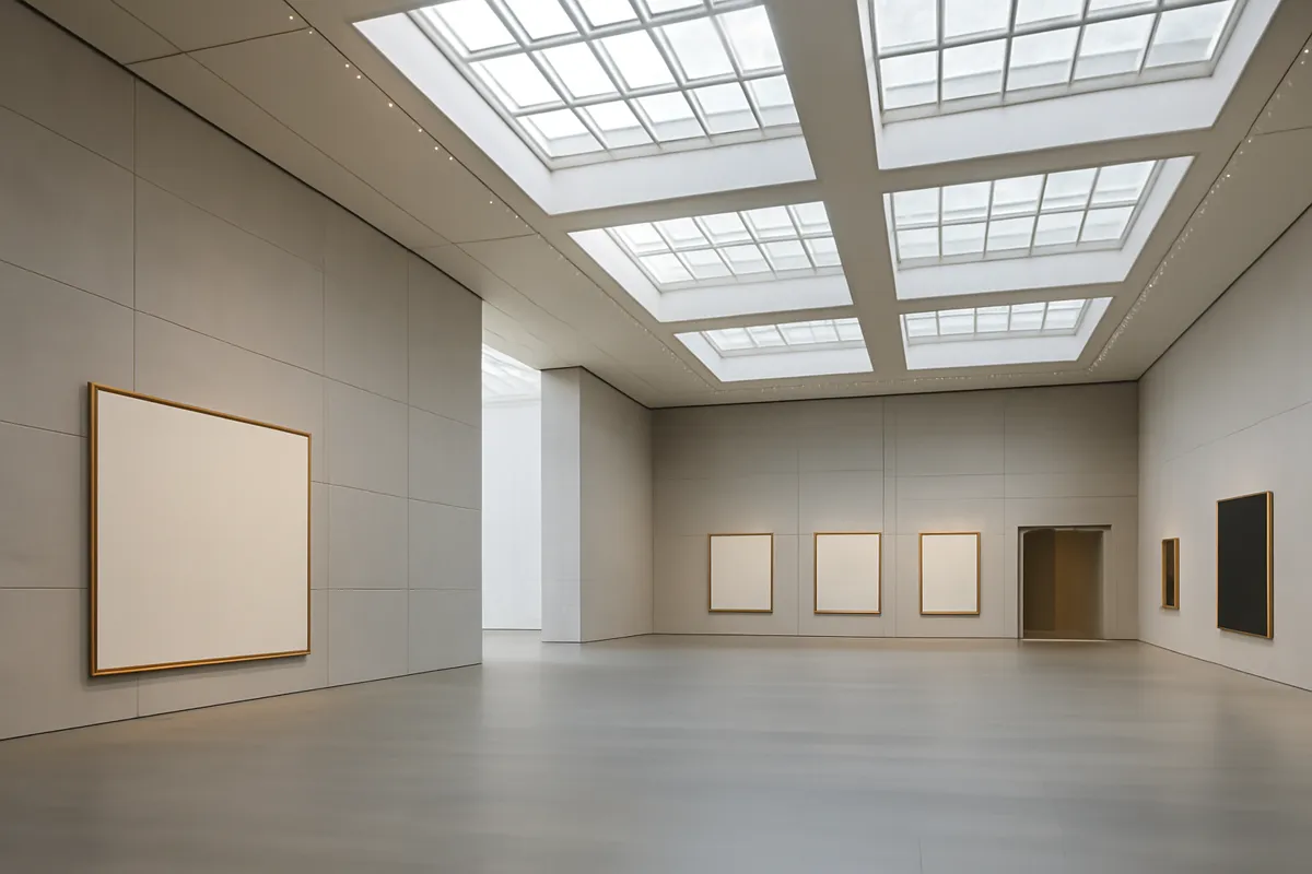 Hall de musée moderne aux hauts plafonds et verrières, vide