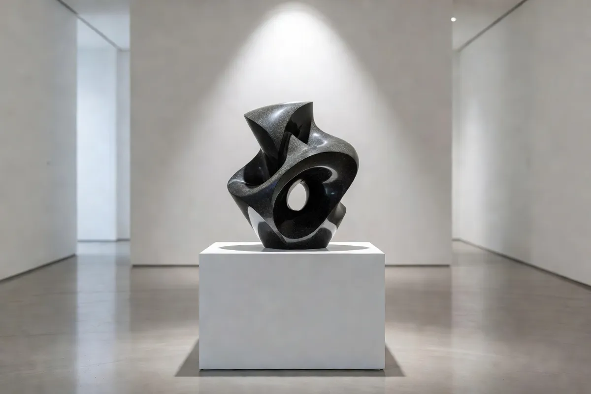 Sculpture sur socle blanc sous un projecteur dans une galerie