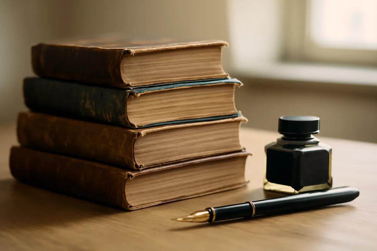 Pile de vieux livres reliés, plume et encrier sur un bureau