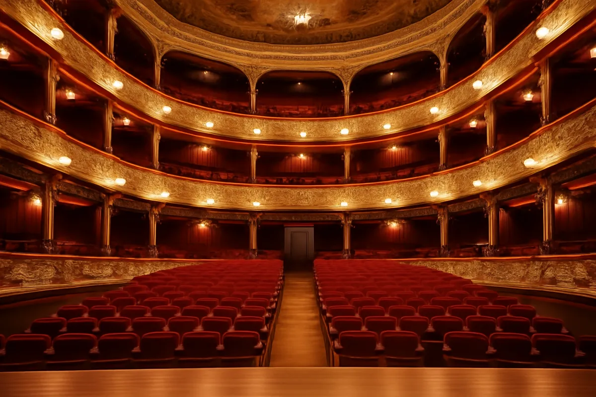 Salle de théâtre rouge et or vue depuis la scène, vide