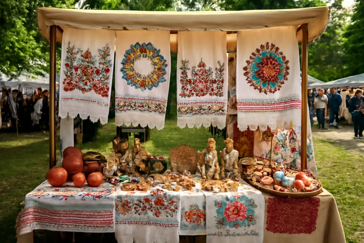 Étal de marché d'artisanat traditionnel et de tissus brodés dans une foire en plein air