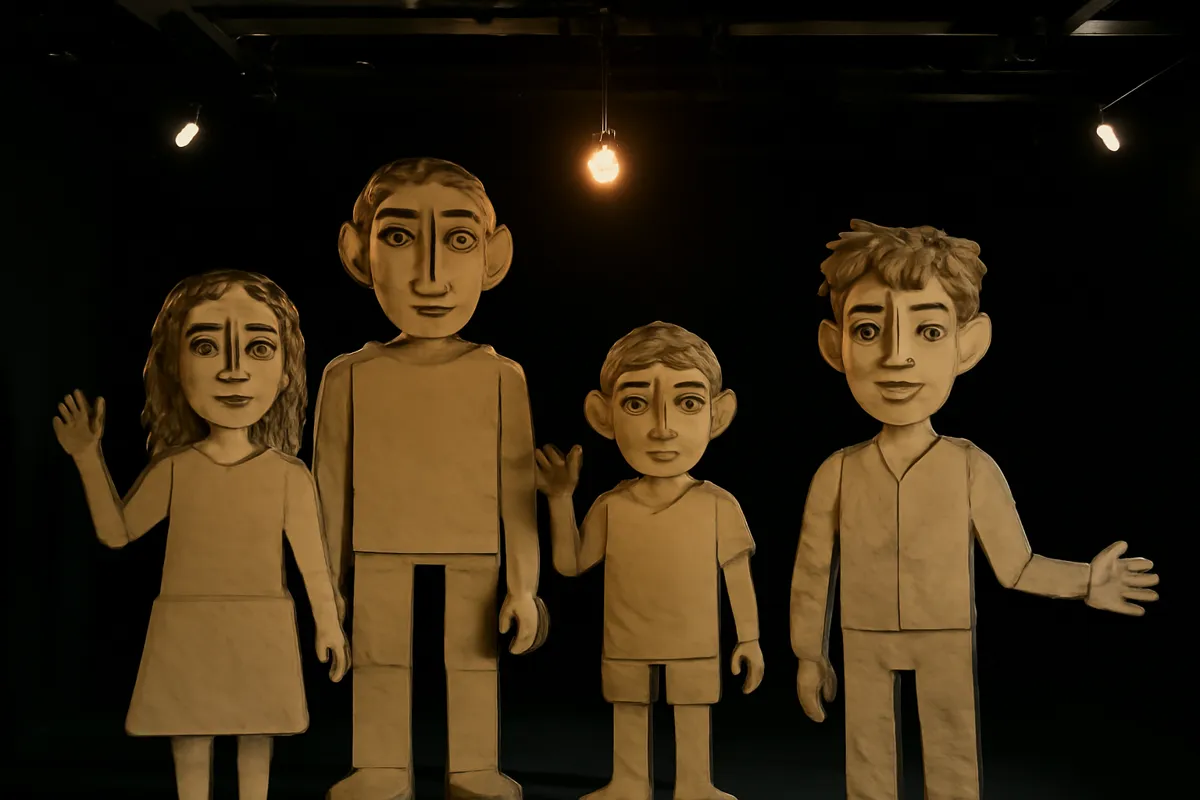 Scène de théâtre noir avec grandes marionnettes de carton et ampoule suspendue