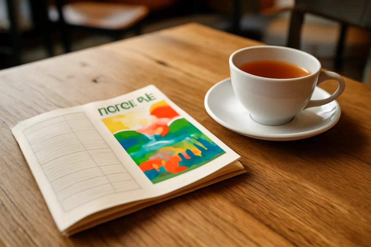 Programme de festival et tasse de thé sur une table de bois dans un café