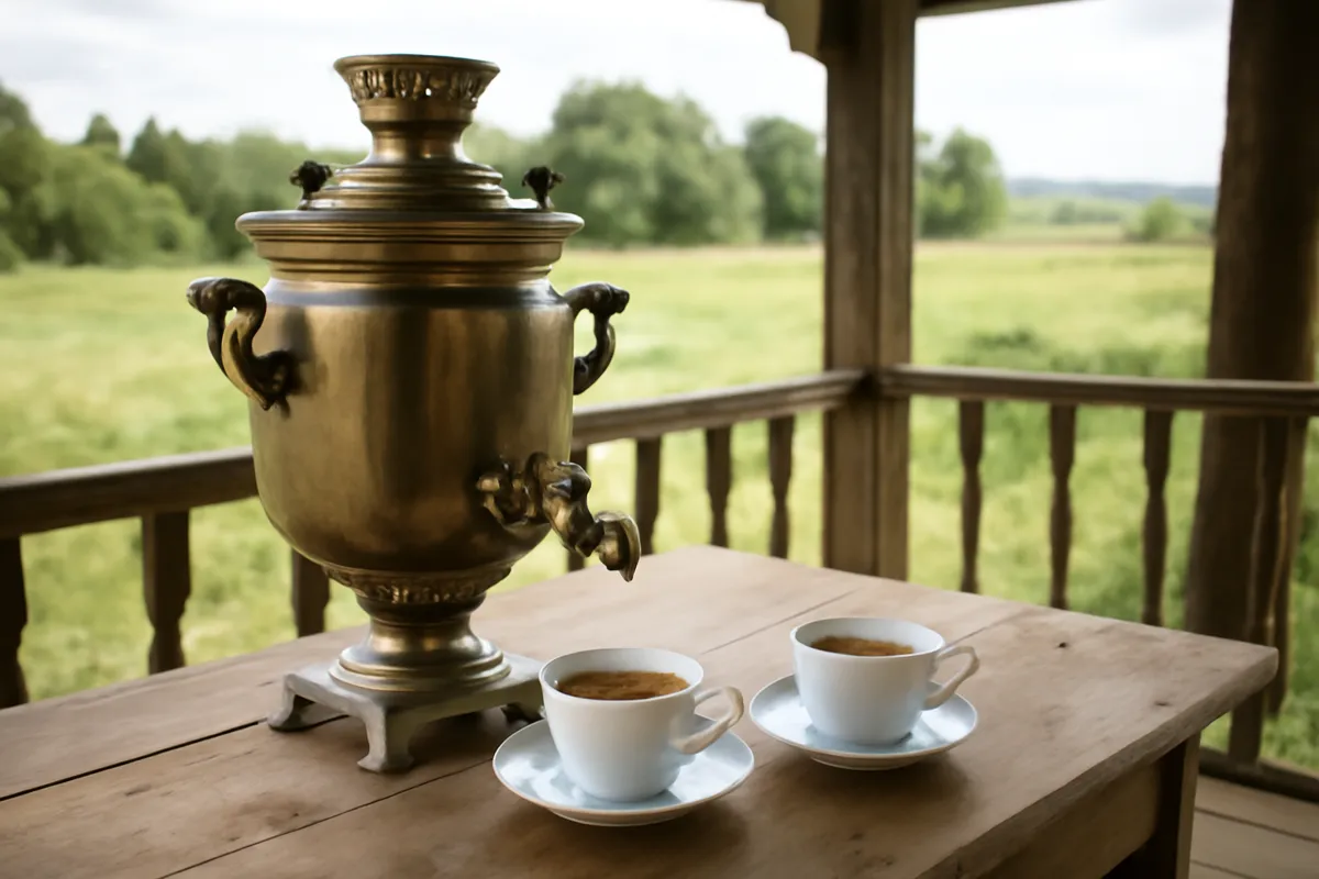 Samovar et tasses de thé sur une table de véranda rustique