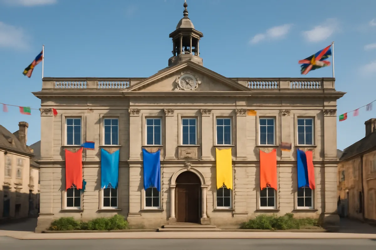 Façade d'hôtel de ville ornée de bannières colorées et de drapeaux par temps ensoleillé