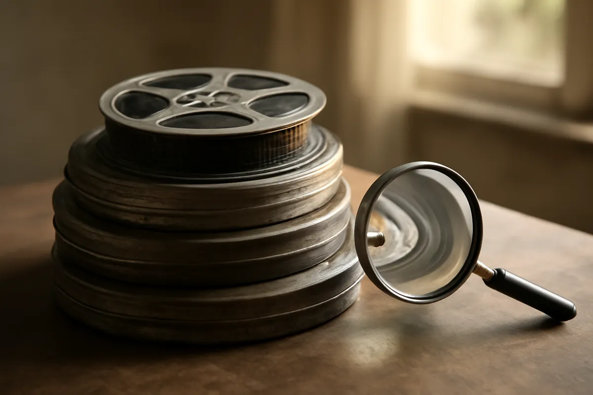 Bobines anciennes empilées sur une table avec une loupe