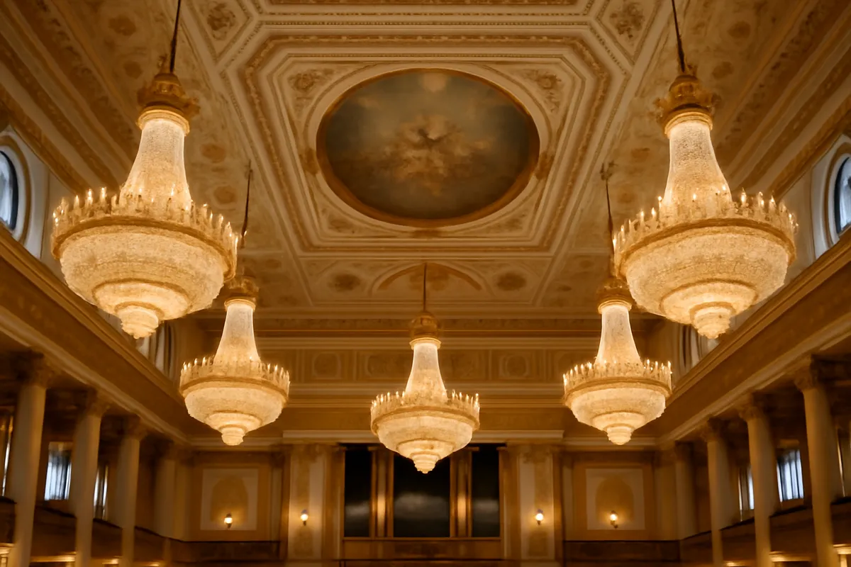 Plafond de salle de concert orné de lustres et de dorures vu du parterre