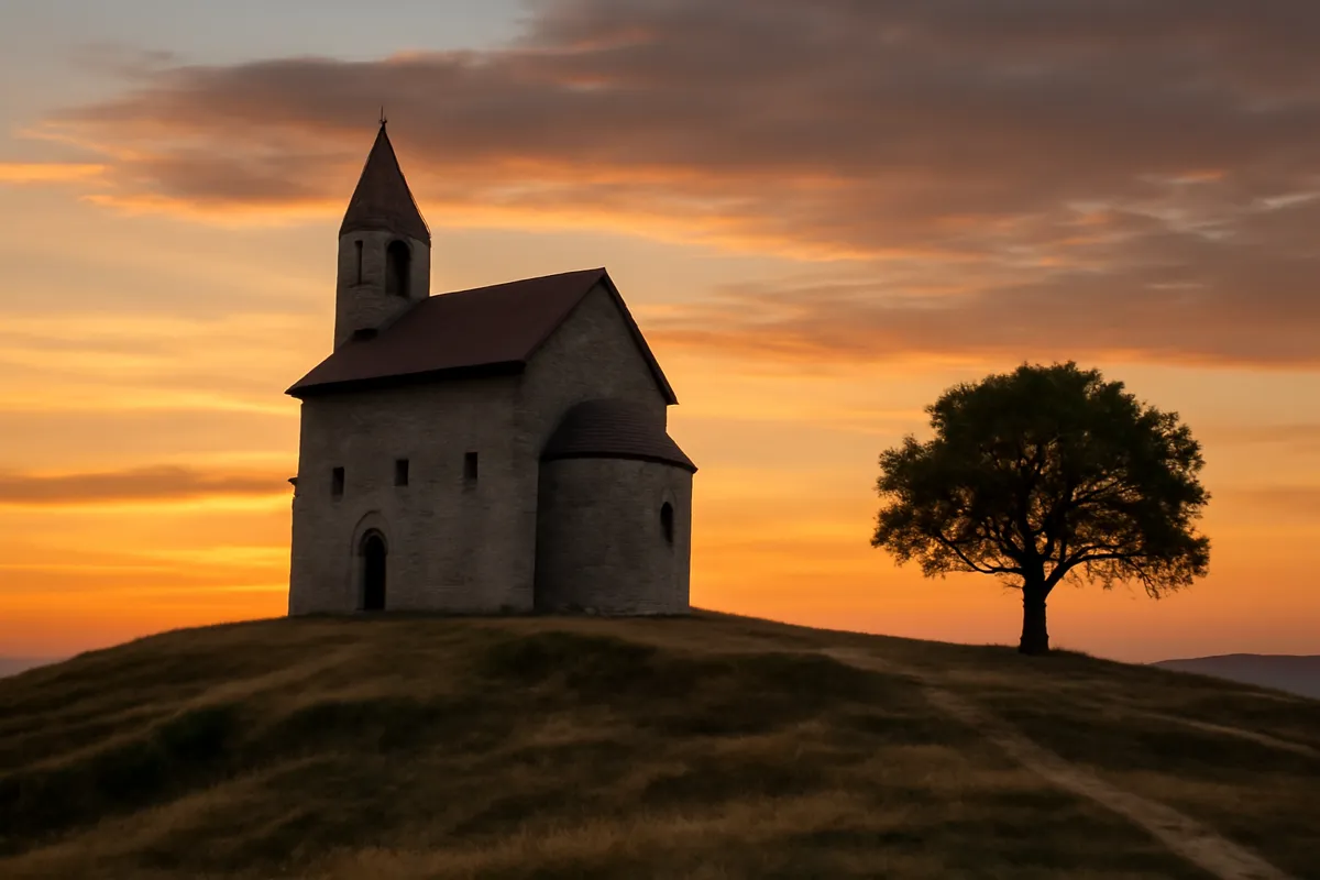 Vieille église de pierre sur une colline au coucher du soleil avec un arbre isolé