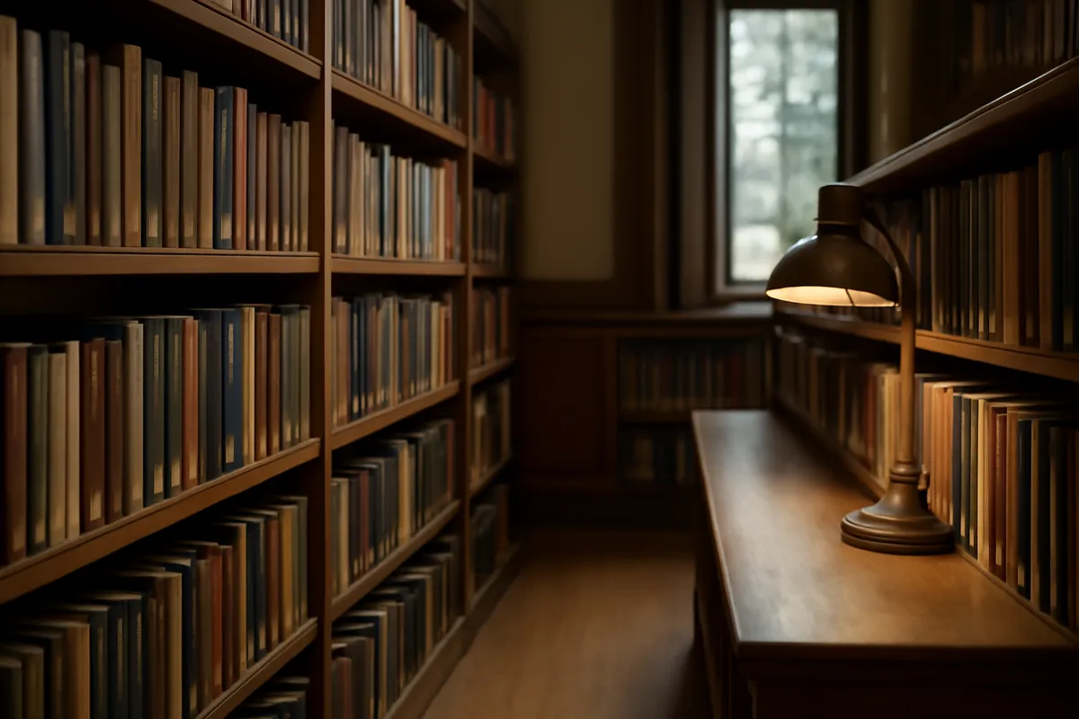 Rayonnages de livres en bois dans une bibliothèque calme avec lampe de lecture