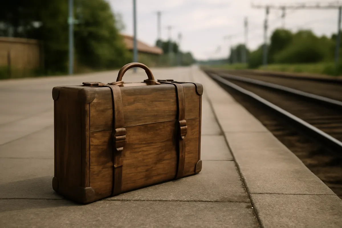Vieille valise de bois aux sangles de cuir sur un quai de gare