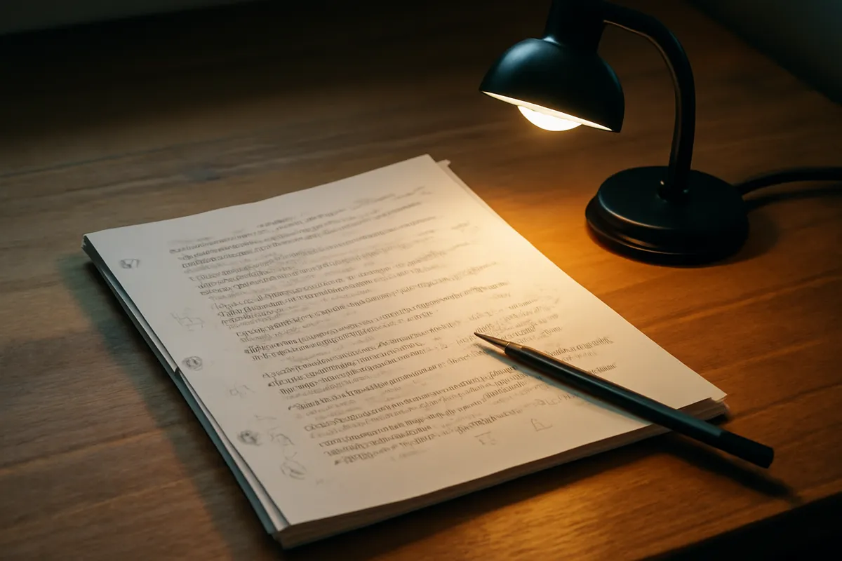 Texte de théâtre annoté au crayon et petite lampe sur un bureau de bois