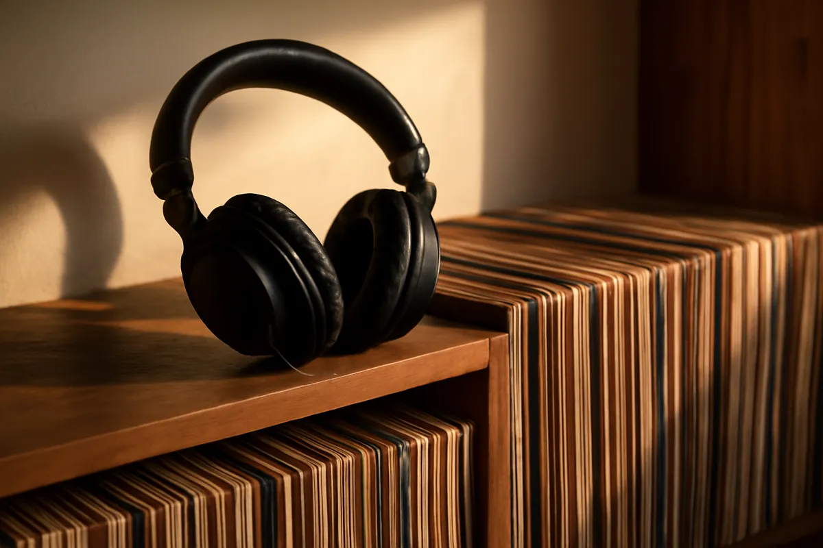 Casque audio et disques vinyles sur une étagère de bois en lumière chaude
