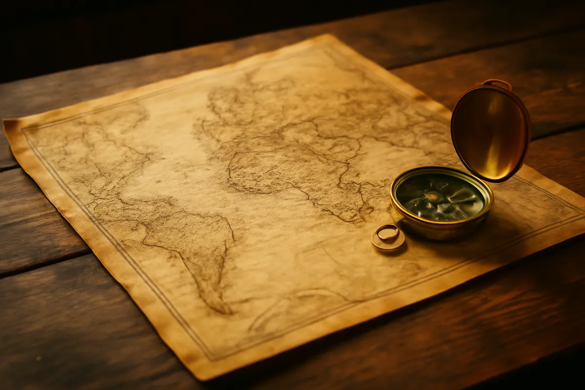 Vieille carte et compas sur une table de bois en lumière chaude