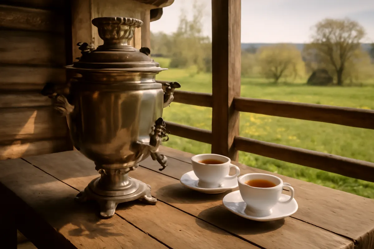 Samovar et tasses de thé sur une table de véranda rustique