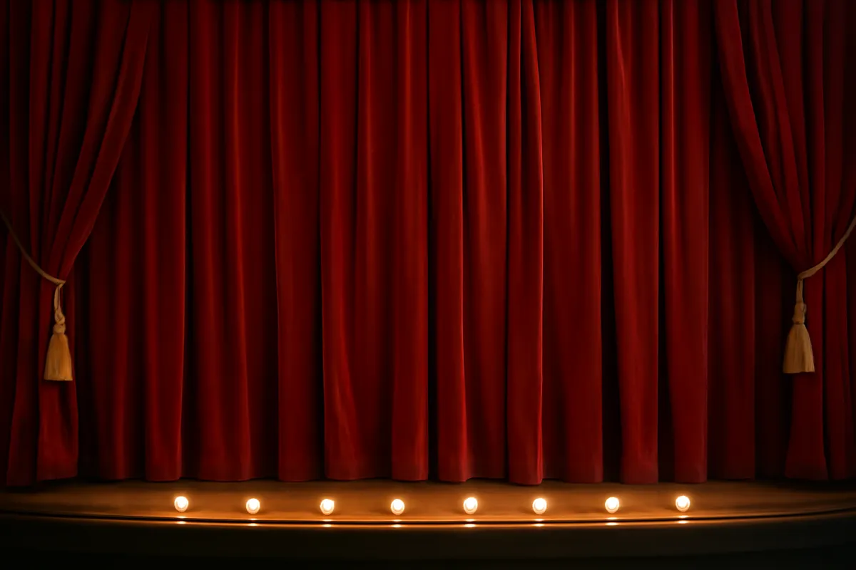 Rideau de théâtre en velours rouge avec glands dorés et rampe de lumière