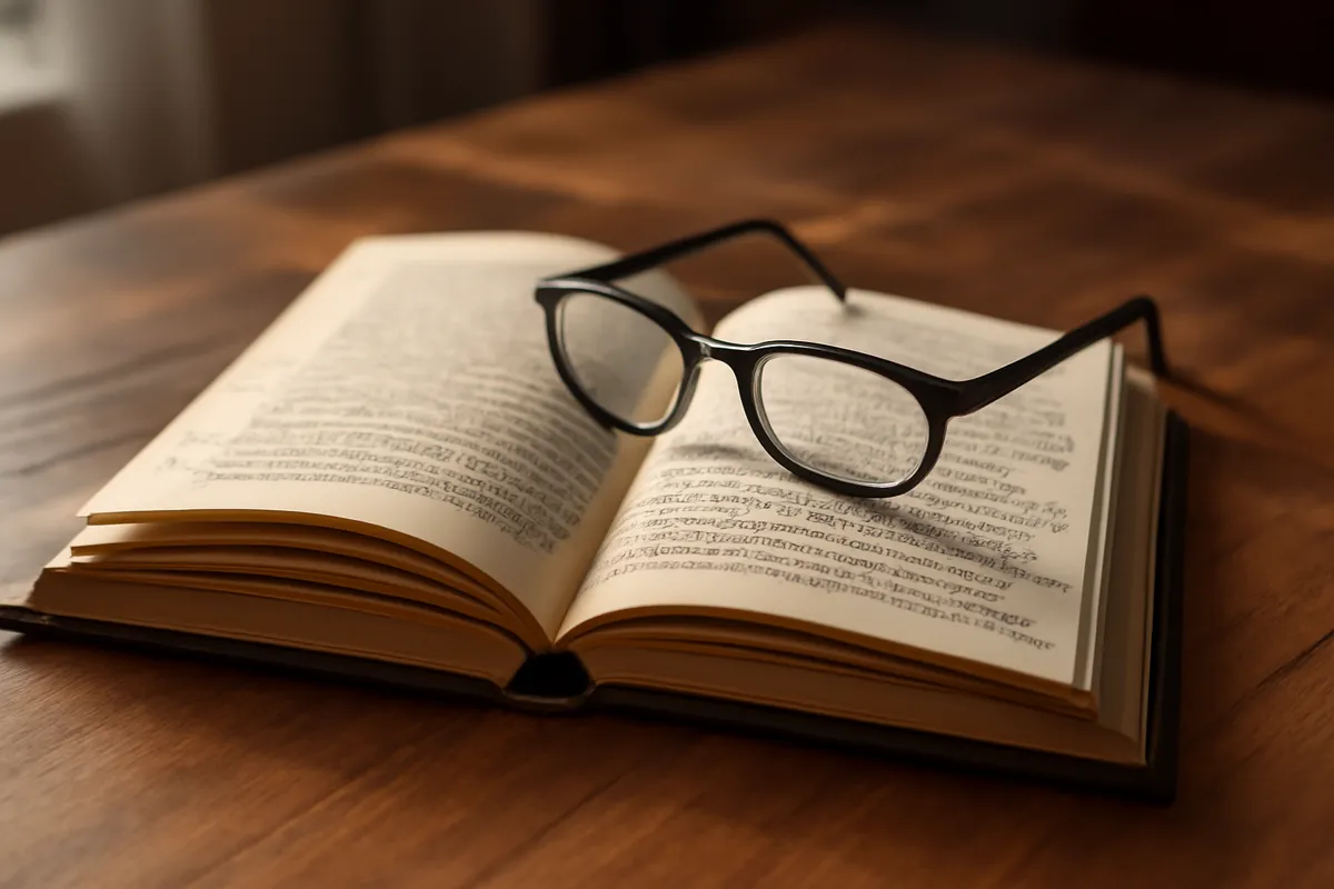 Livre ouvert aux notes manuscrites en marge et lunettes sur une table de bois
