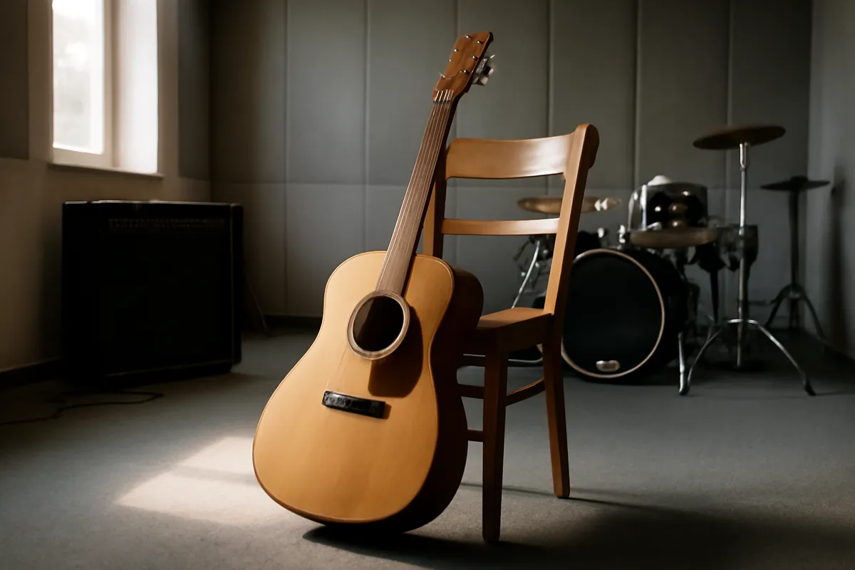 Guitare posée contre une chaise de bois dans une salle de répétition