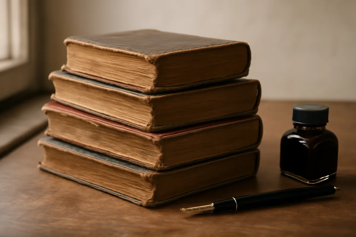 Pile de vieux livres reliés, plume et encrier sur un bureau