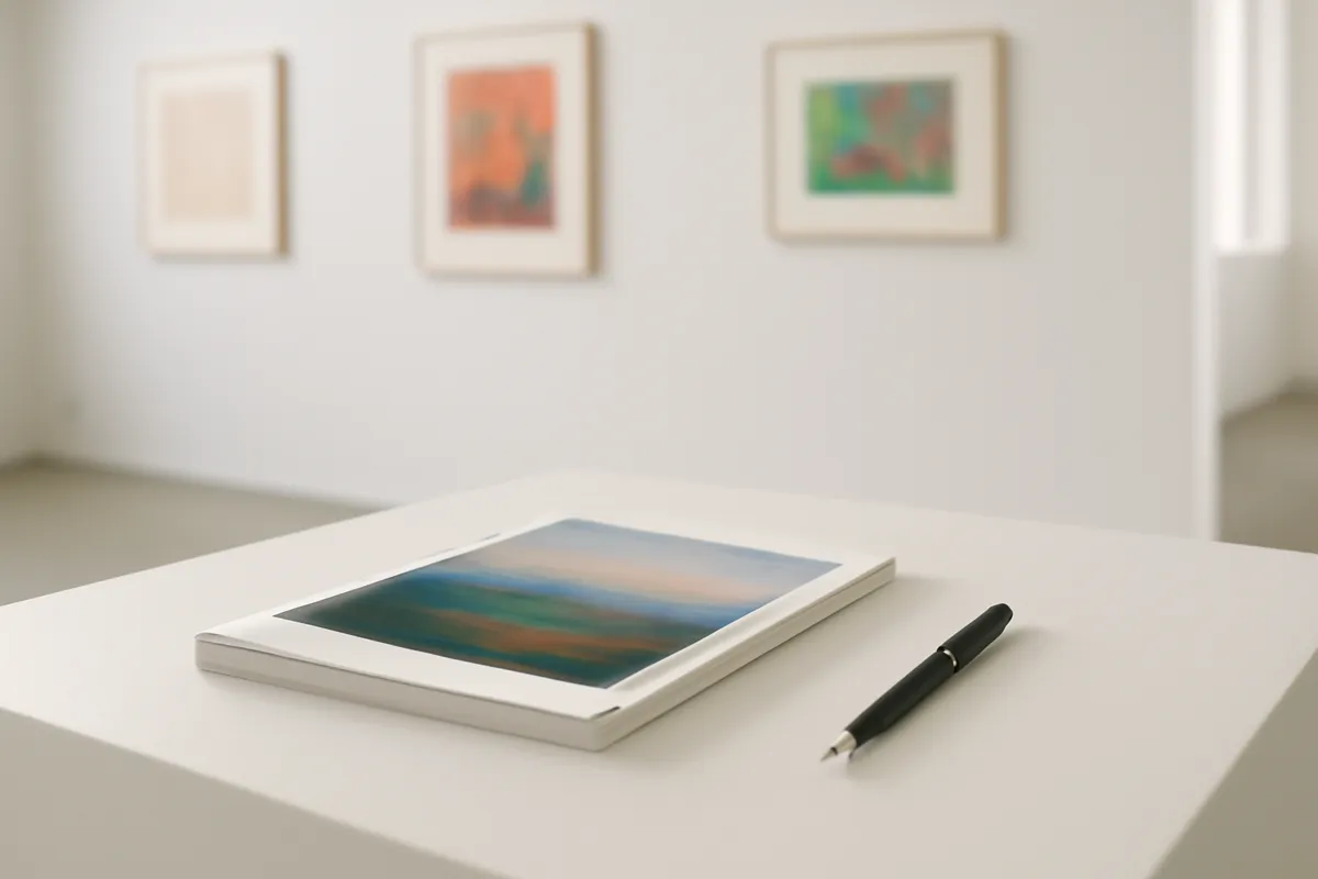 Catalogue d'exposition et stylo sur une table blanche dans une galerie