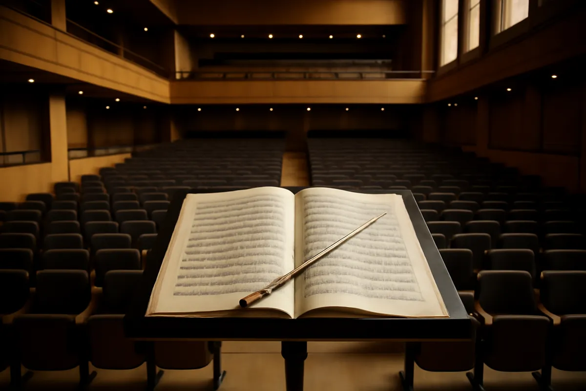 Baguette de chef et partition sur un pupitre dans une salle de concert vide