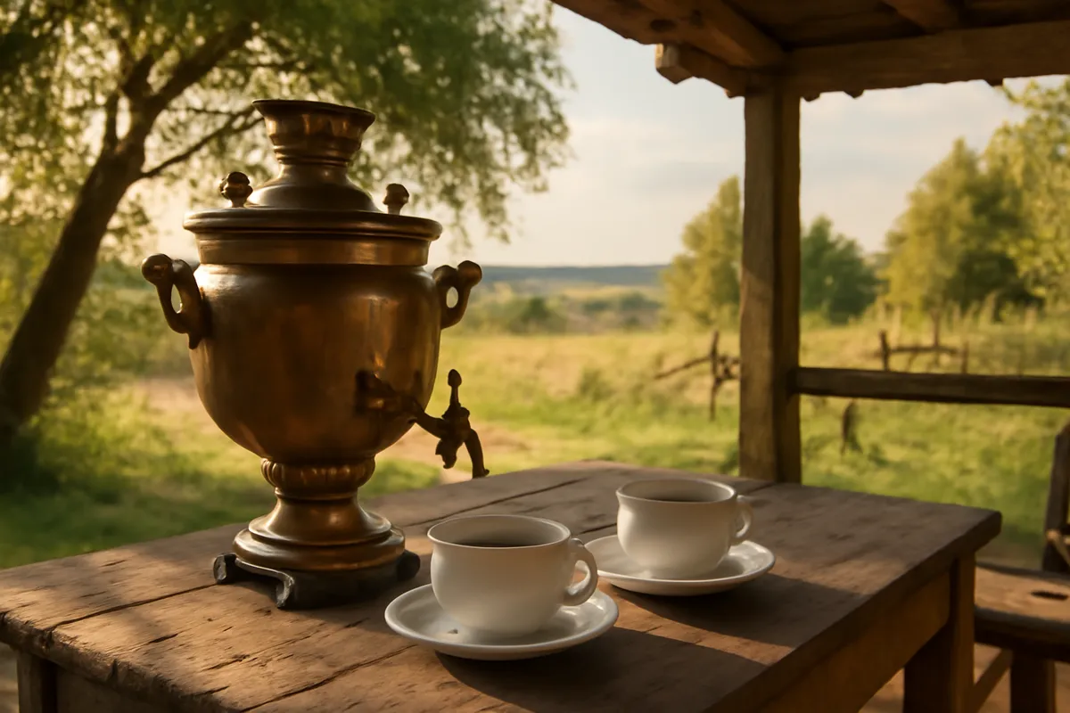 Samovar et tasses de thé sur une table de véranda rustique