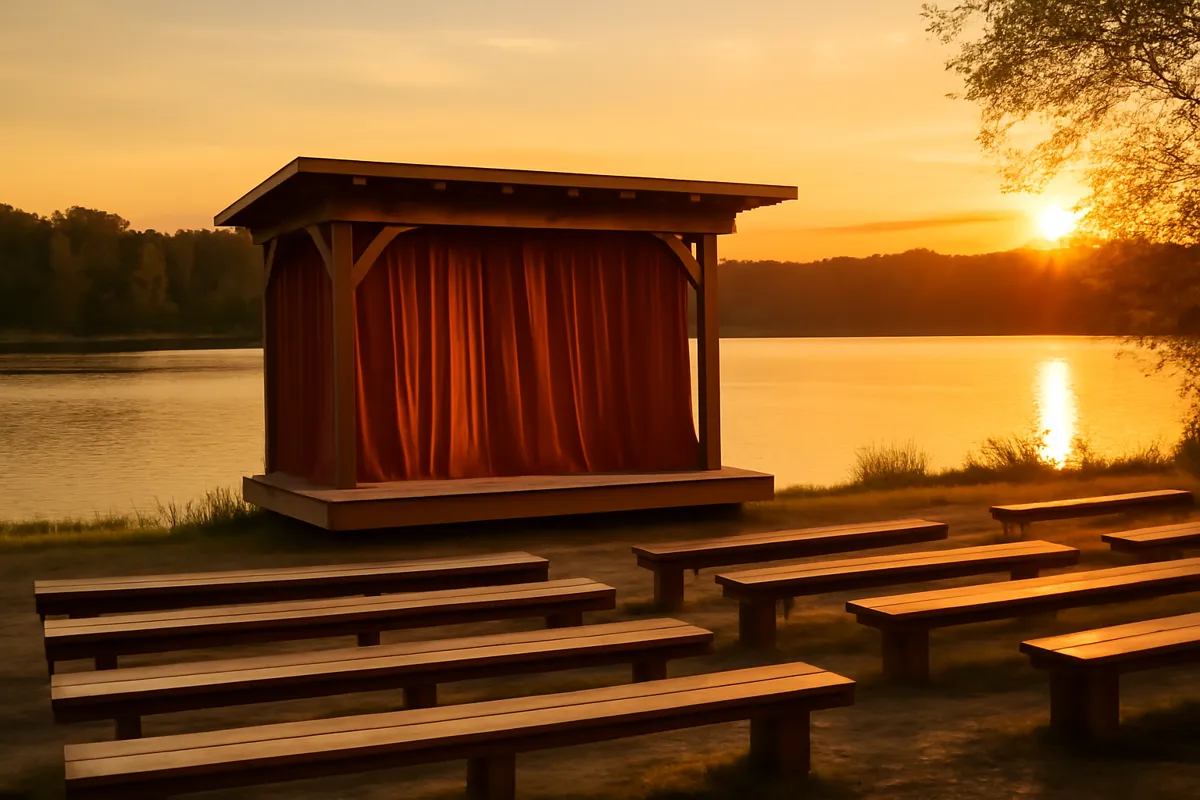 Petite scène en plein air au bord d'un lac avec rideau et bancs de bois au coucher du soleil