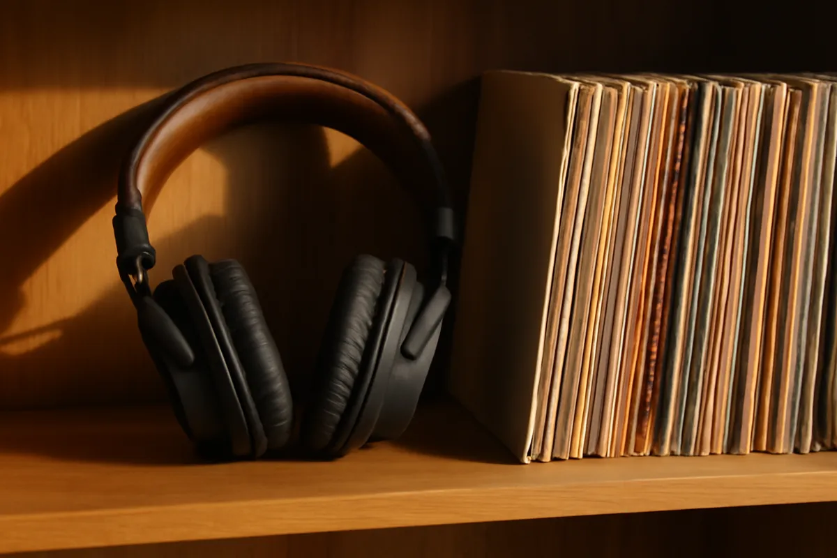 Casque audio et disques vinyles sur une étagère de bois en lumière chaude