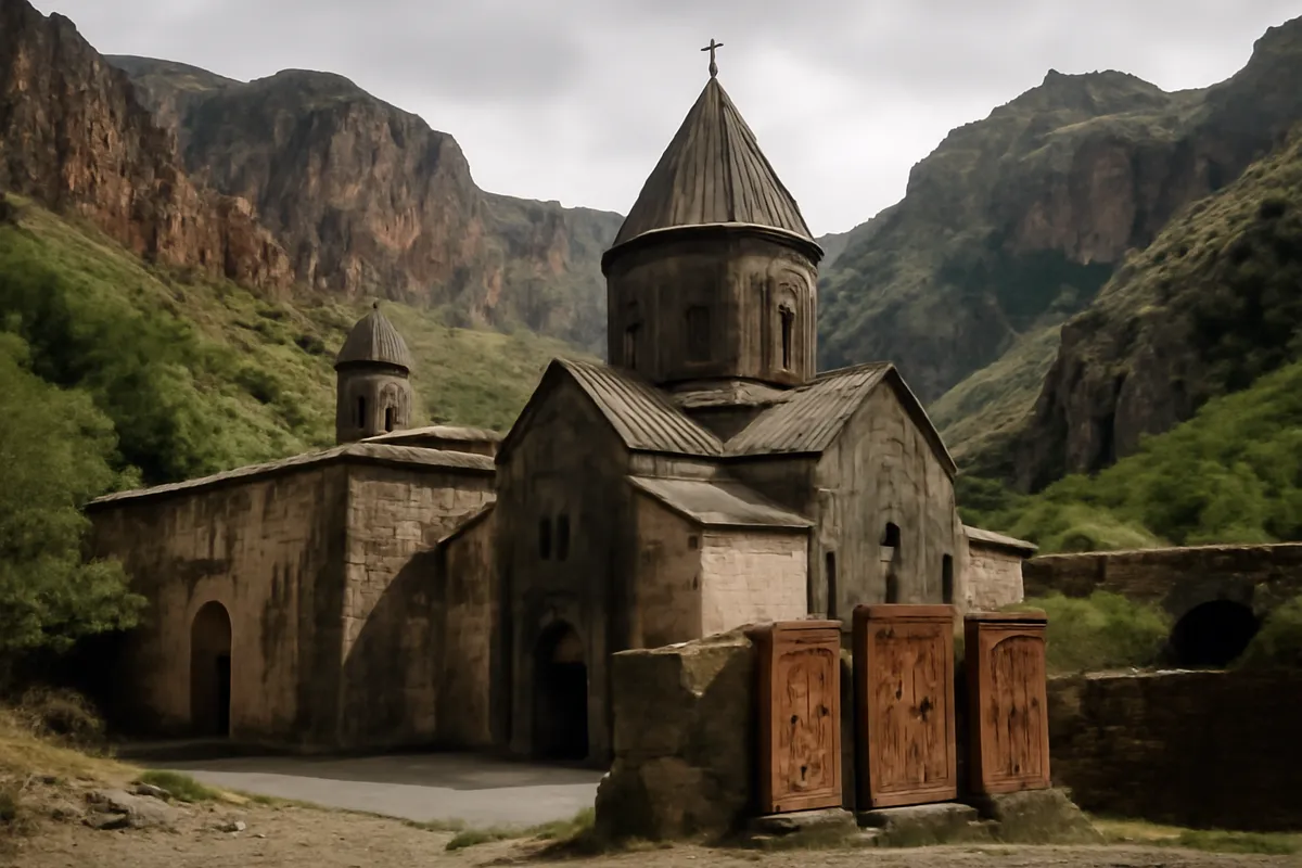 Vieux monastère de pierre dans les montagnes aux croix de pierre sculptées