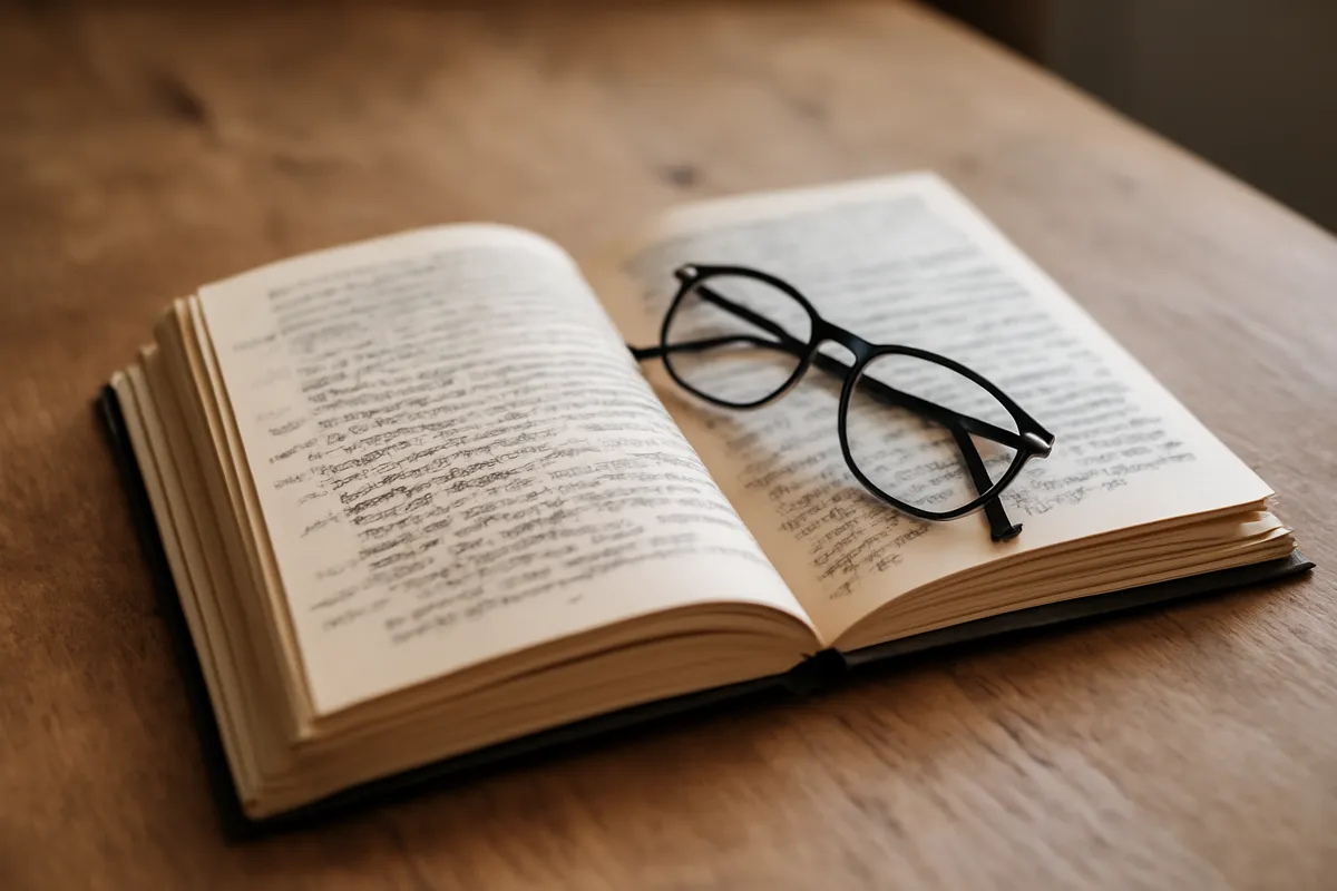 Livre ouvert aux notes manuscrites en marge et lunettes sur une table de bois