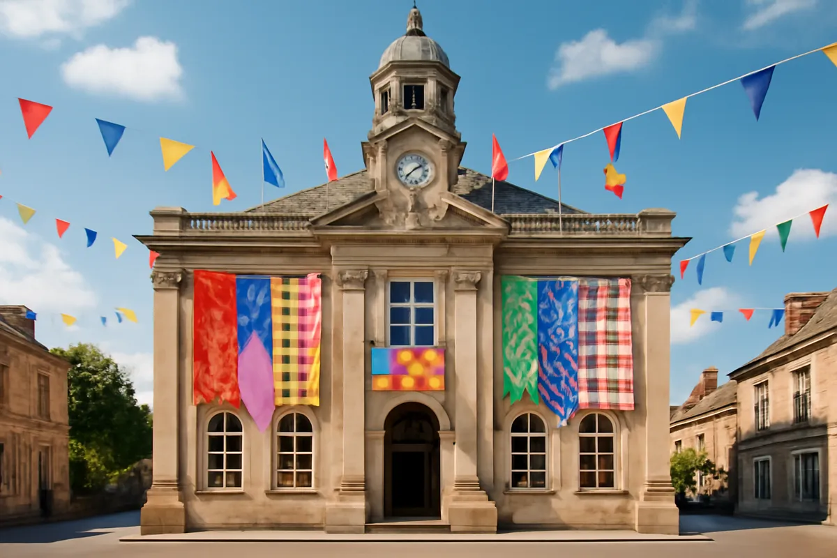 Façade d'hôtel de ville ornée de bannières colorées et de drapeaux par temps ensoleillé