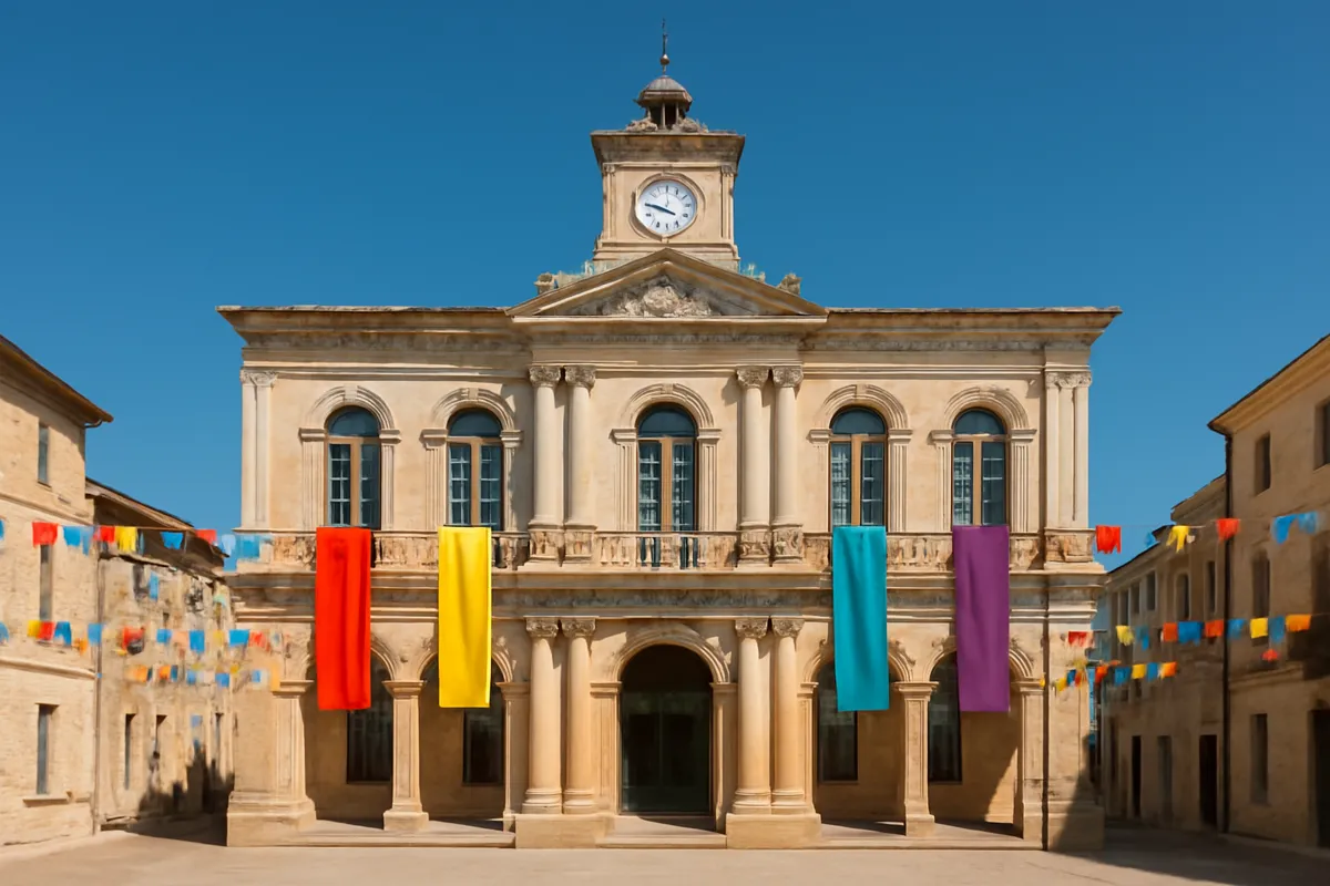 Façade d'hôtel de ville ornée de bannières colorées et de drapeaux par temps ensoleillé