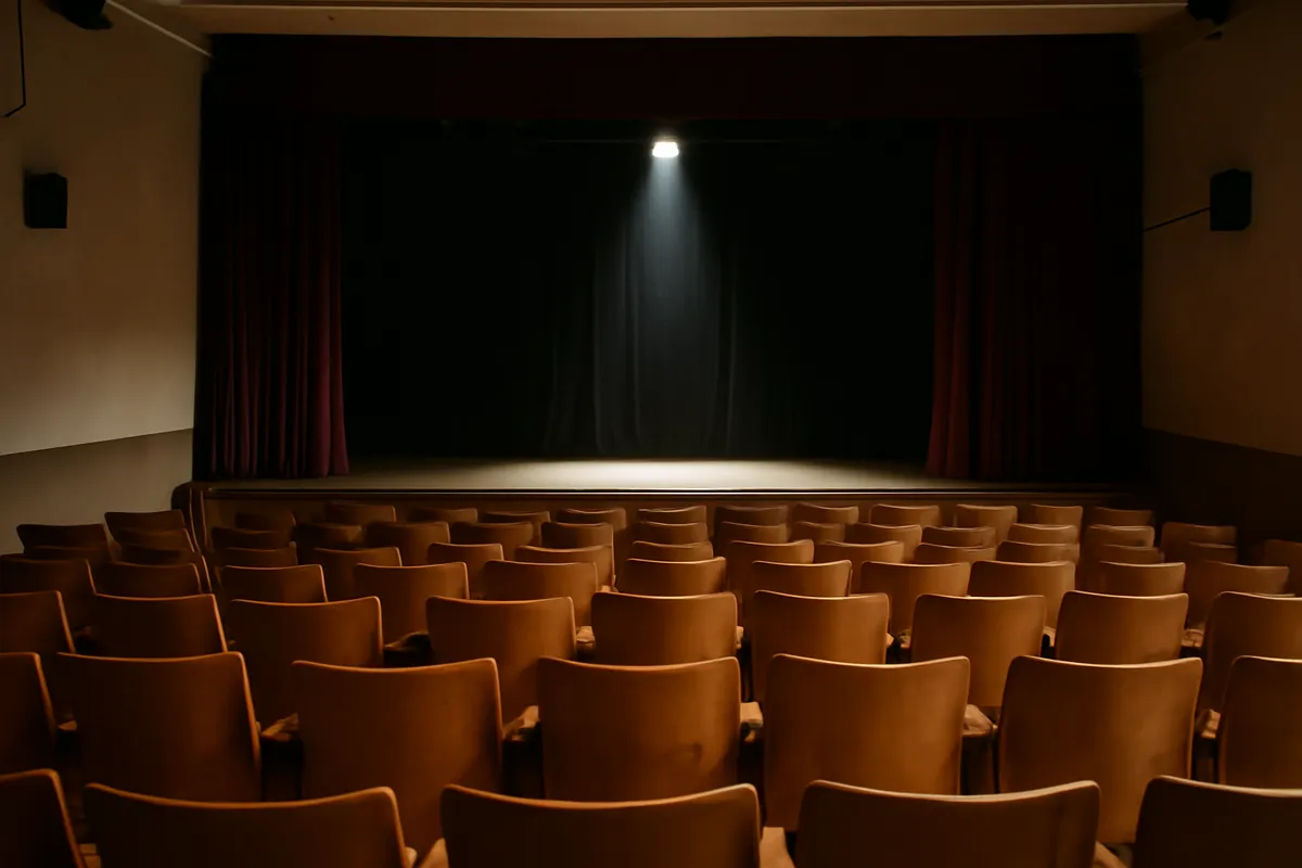 Petit théâtre vide aux sièges de bois et à la scène nue sous un projecteur